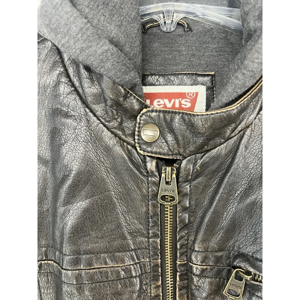 Levi's LM4RU924 Faux Leather Hooded Jacket Mens L Dark Brown Moto Bomber Bib